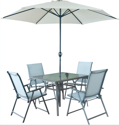 طقم طاولة طعام وكراسي خارجية من الفولاذ بالكامل مع مظلة شمسية